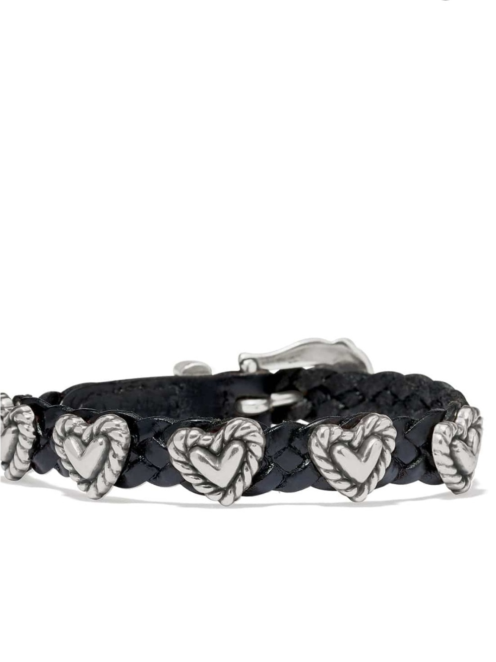 Women's Black Braided Leather bandit Bracelet with Silver Hearts